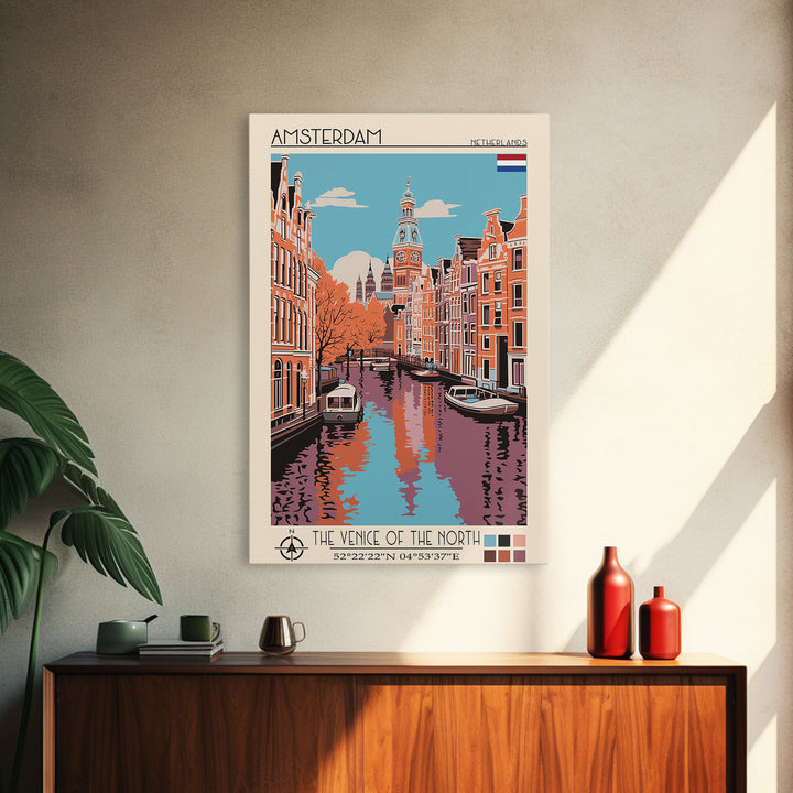 Amsterdam Netherlands Travel Poster Framed Canvas Print, Midcentury Modern Art, Pop Art Decor, Wall Art, Vacation Gift, Living Room Decoration, Scenic Print