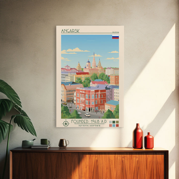 Angarsk Russia Travel Poster Framed Canvas Print, Midcentury Modern Art, Pop Art Decor, Wall Art, Vacation Gift, Living Room Decoration, Scenic Print