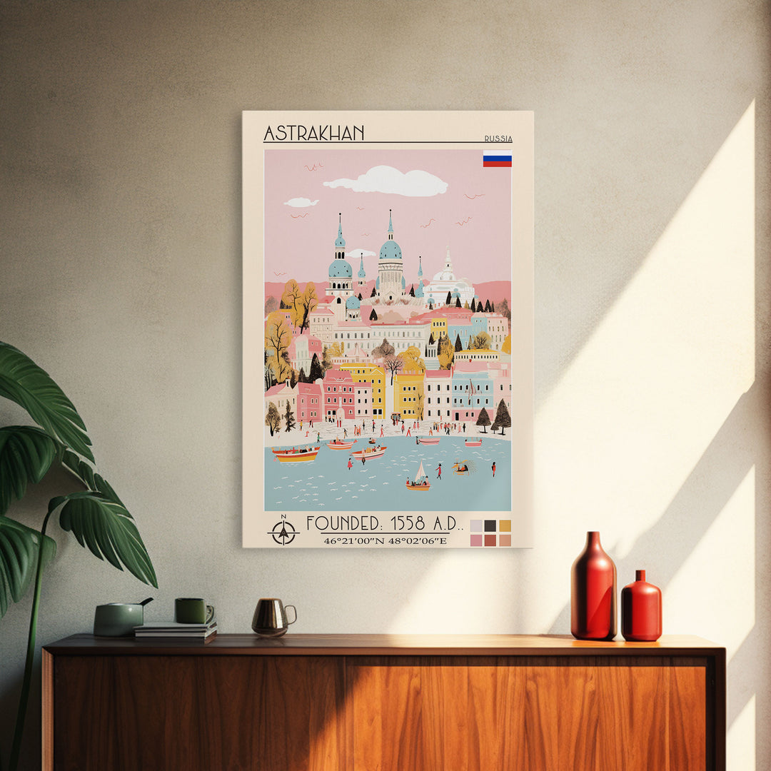 Astrakhan Russia Travel Poster Framed Canvas Print, Midcentury Modern Art, Pop Art Wall Decor, Home Decor, Vacation Gift, Living Room Art