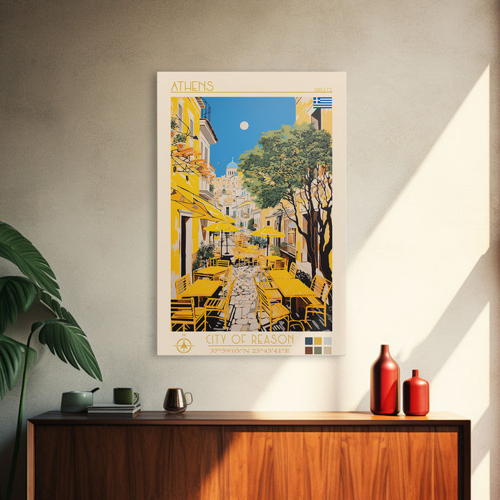 Athens Greece Travel Poster Framed Canvas Print, Midcentury Modern Art, Pop Art Wall Decor, Home Decor, Vacation Gift, Living Room Art