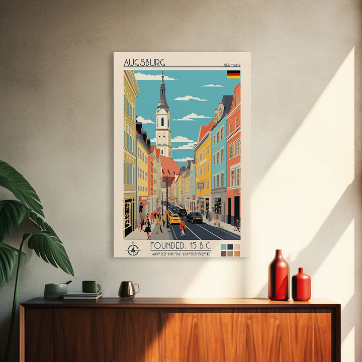 Augsburg Germany Travel Poster Framed Canvas Print, Midcentury Modern Art, Pop Art Wall Decor, Home Decor, Vacation Gift, Living Room Art