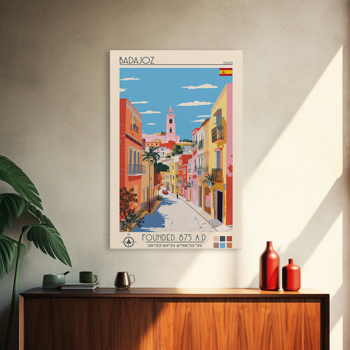 Badajoz Spain Travel Poster Framed Canvas Print, Midcentury Modern Art, Pop Art Wall Decor, Home Decor, Vacation Gift, Living Room Art