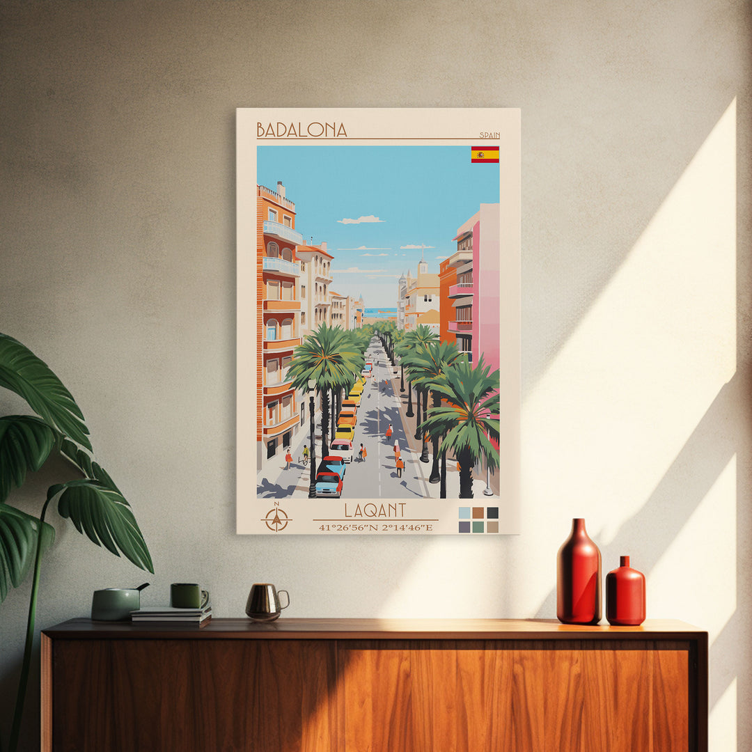Badalona Spain Travel Poster Framed Canvas Print, Midcentury Modern Art, Pop Art Wall Decor, Home Decor, Vacation Gift, Living Room Art