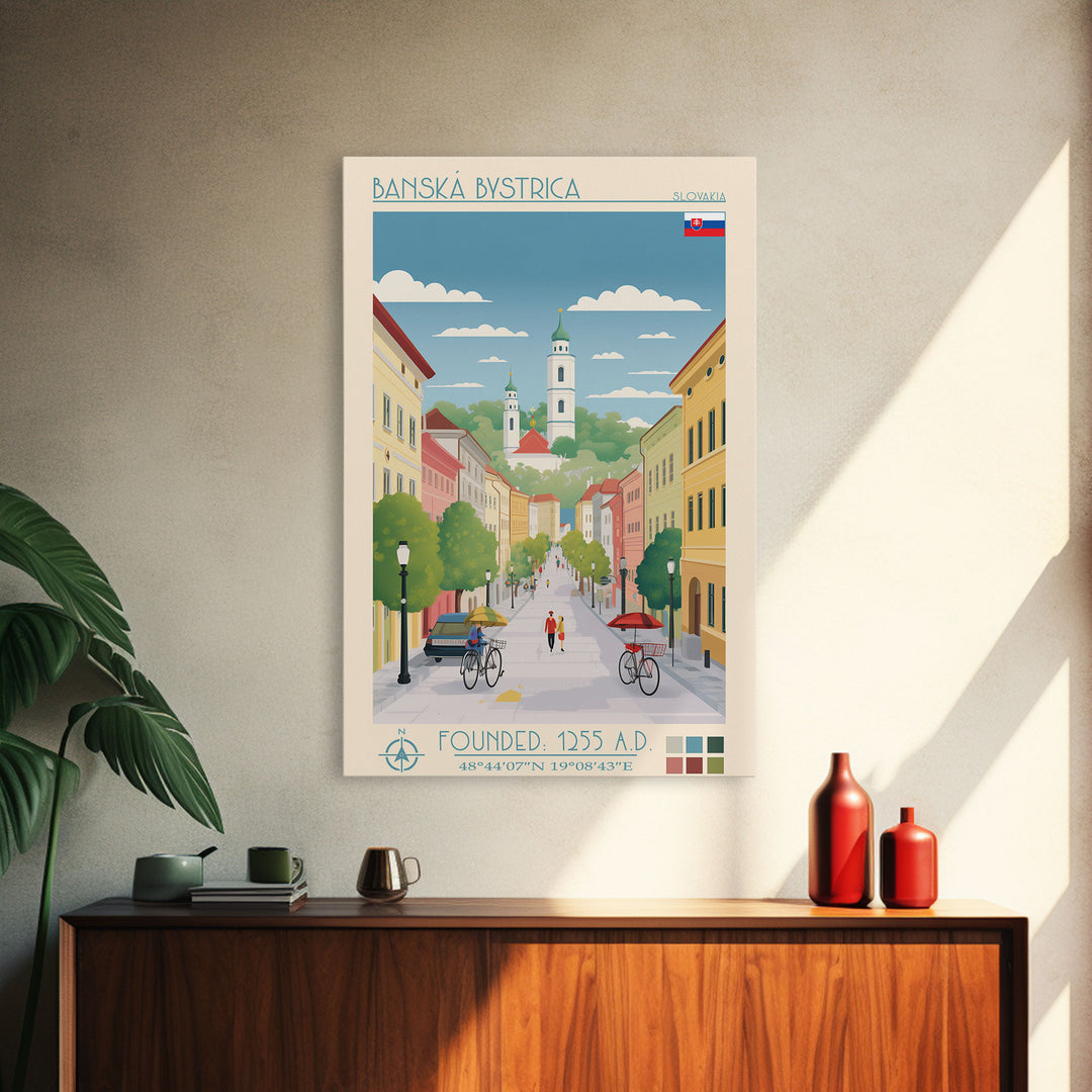Banská Bystrica City in Slovakia Slovakia Travel Poster Framed Canvas Print, Midcentury Modern Art, Pop Art Wall Decor, Home Decor, Vacation Gift, Living Room Art