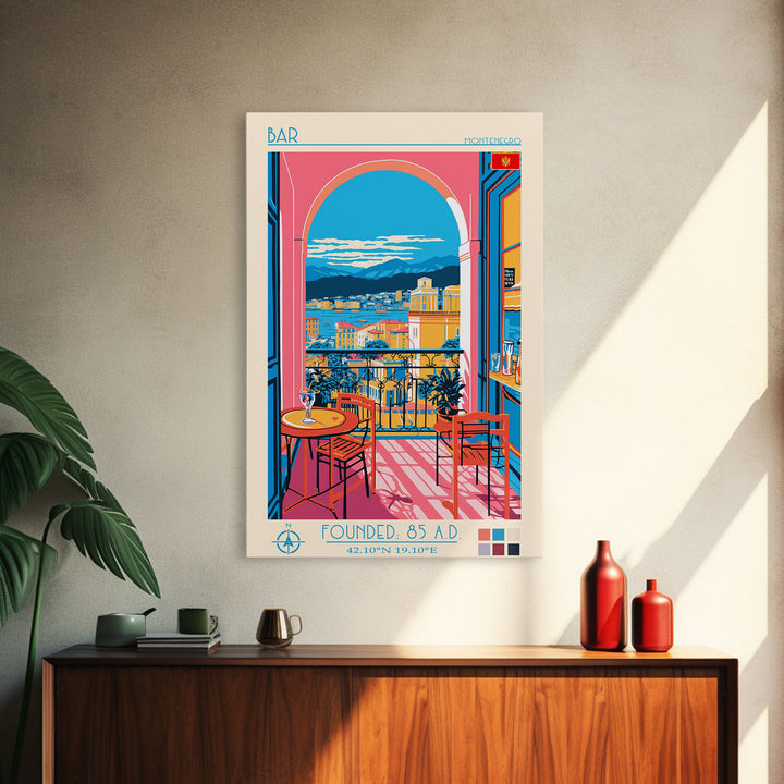 Bar Montenegro Travel Poster Framed Canvas Print, Midcentury Modern Art, Pop Art Wall Decor, Home Decor, Vacation Gift, Living Room Art