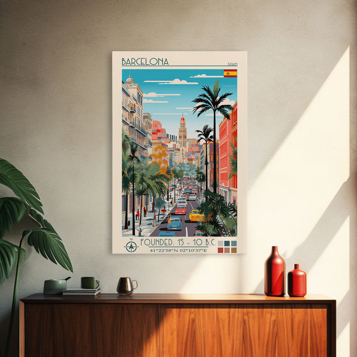 Barcelona Spain Travel Poster Framed Canvas Print, Midcentury Modern Art, Pop Art Wall Decor, Home Decor, Vacation Gift, Living Room Art
