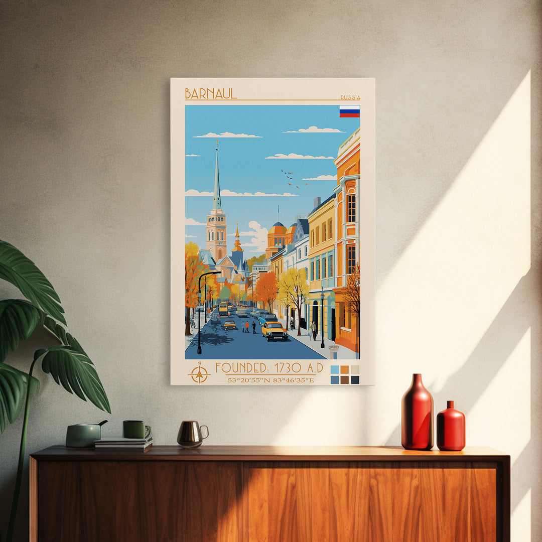 Barnaul Russia Travel Poster Framed Canvas Print, Midcentury Modern Art, Pop Art Wall Decor, Home Decor, Vacation Gift, Living Room Art