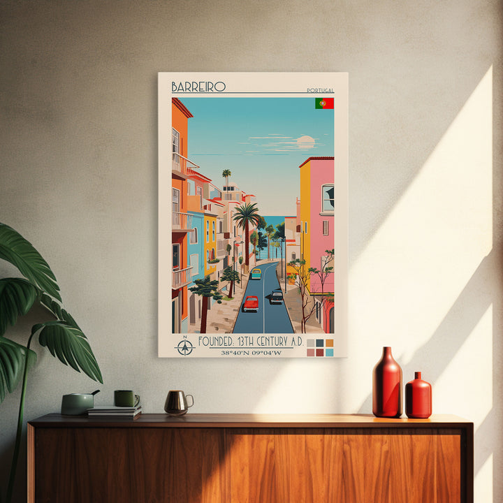 Barreiro Portugal Travel Poster Framed Canvas Print, Midcentury Modern Art, Pop Art Wall Decor, Home Decor, Vacation Gift, Living Room Art