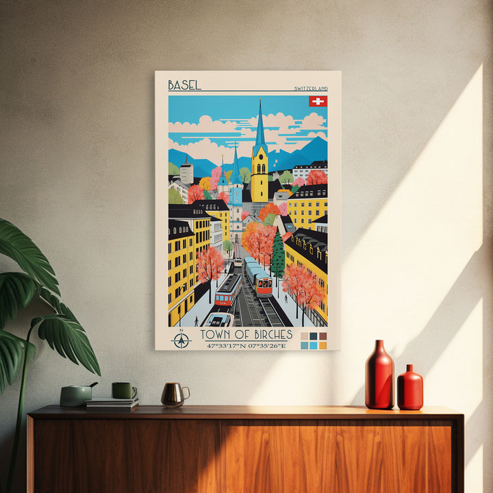 Basel Switzerland Travel Poster Framed Canvas Print, Midcentury Modern Art, Pop Art Wall Decor, Home Decor, Vacation Gift, Living Room Art