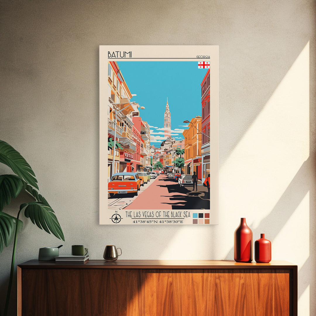 Batumi Georgia Travel Poster Framed Canvas Print, Midcentury Modern Art, Pop Art Wall Decor, Home Decor, Vacation Gift, Living Room Art