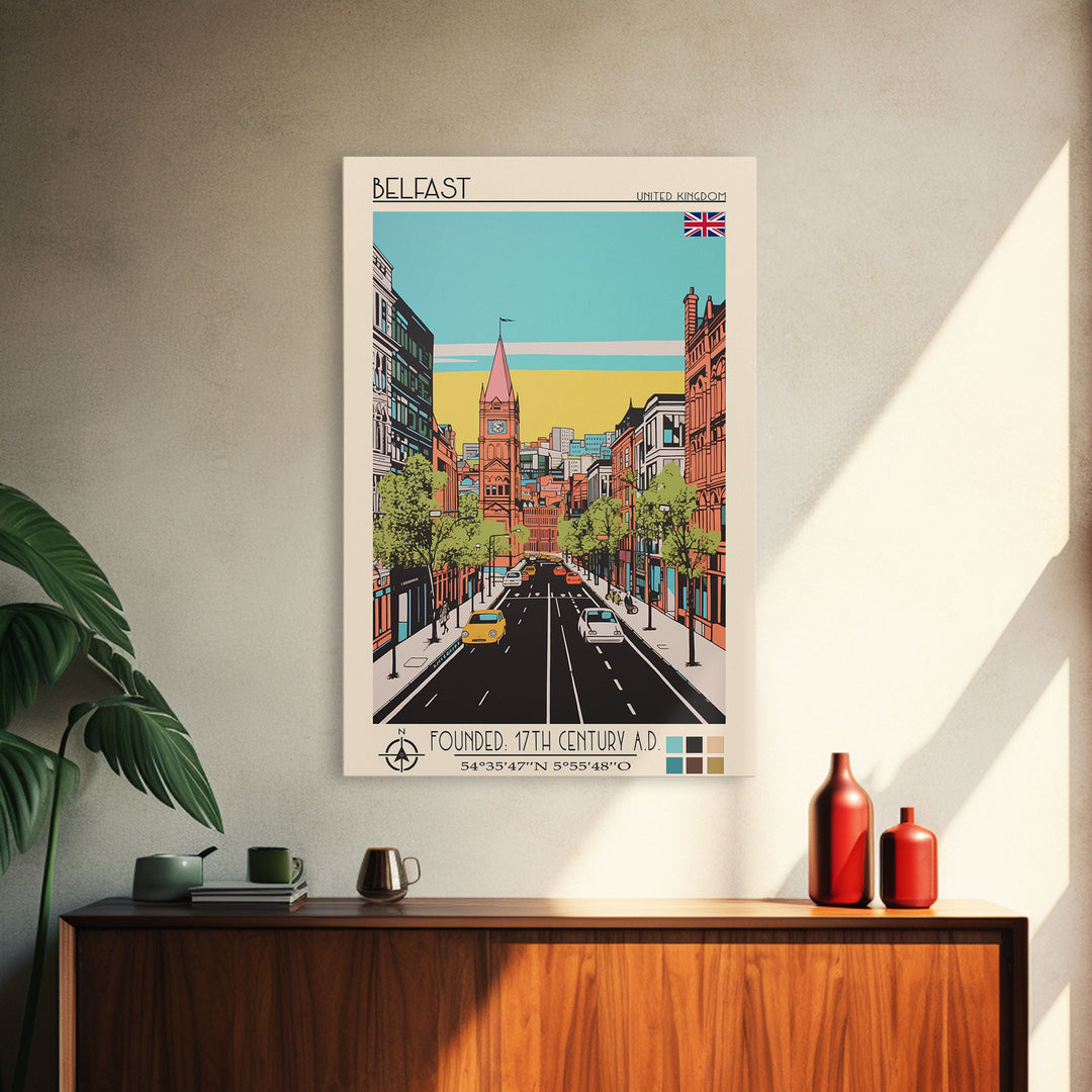 Belfast United Kingdom Travel Poster Framed Canvas Print, Midcentury Modern Art, Pop Art Wall Decor, Home Decor, Vacation Gift, Living Room Art