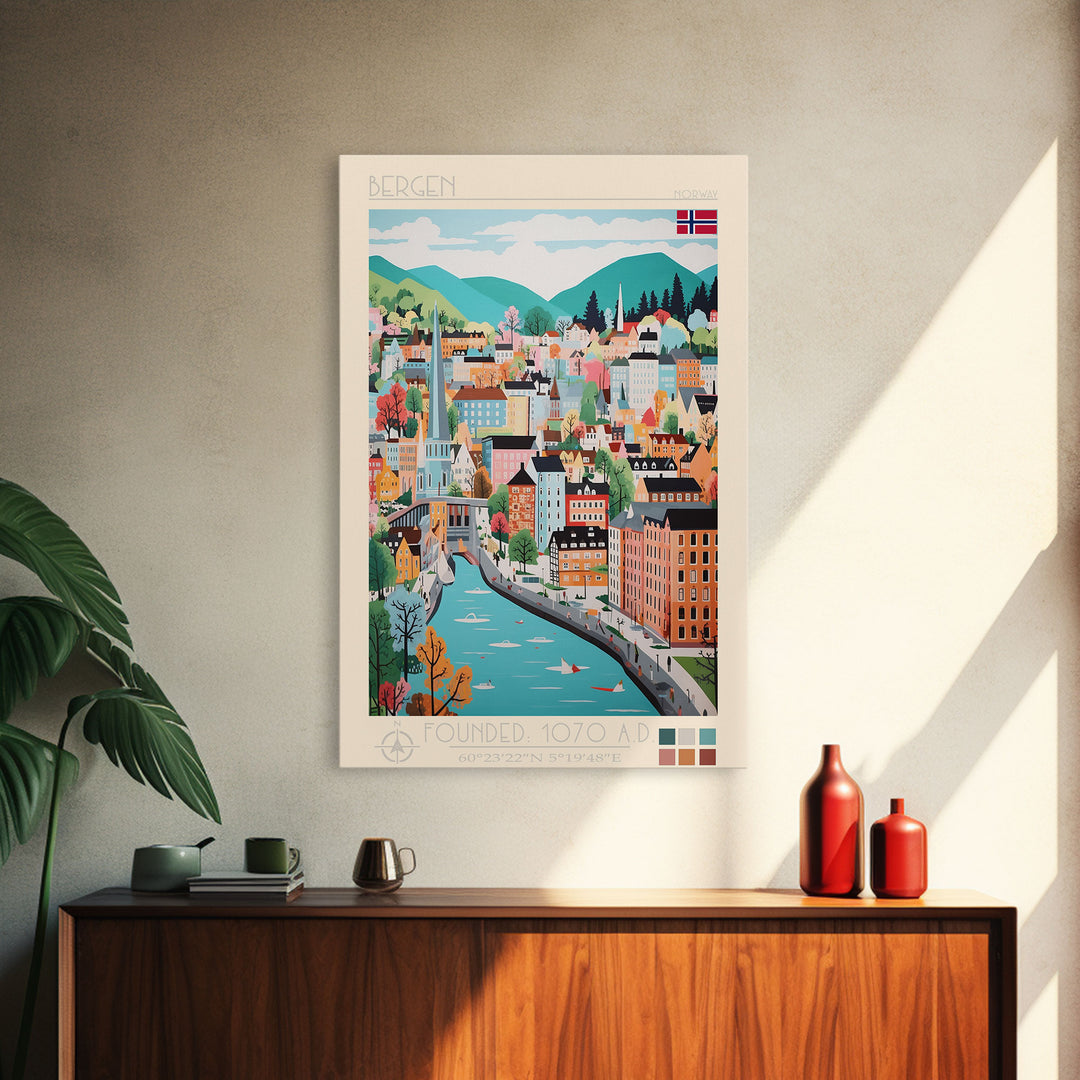 Bergen Norway Travel Poster Framed Canvas Print, Midcentury Modern Art, Pop Art Wall Decor, Home Decor, Vacation Gift, Living Room Art