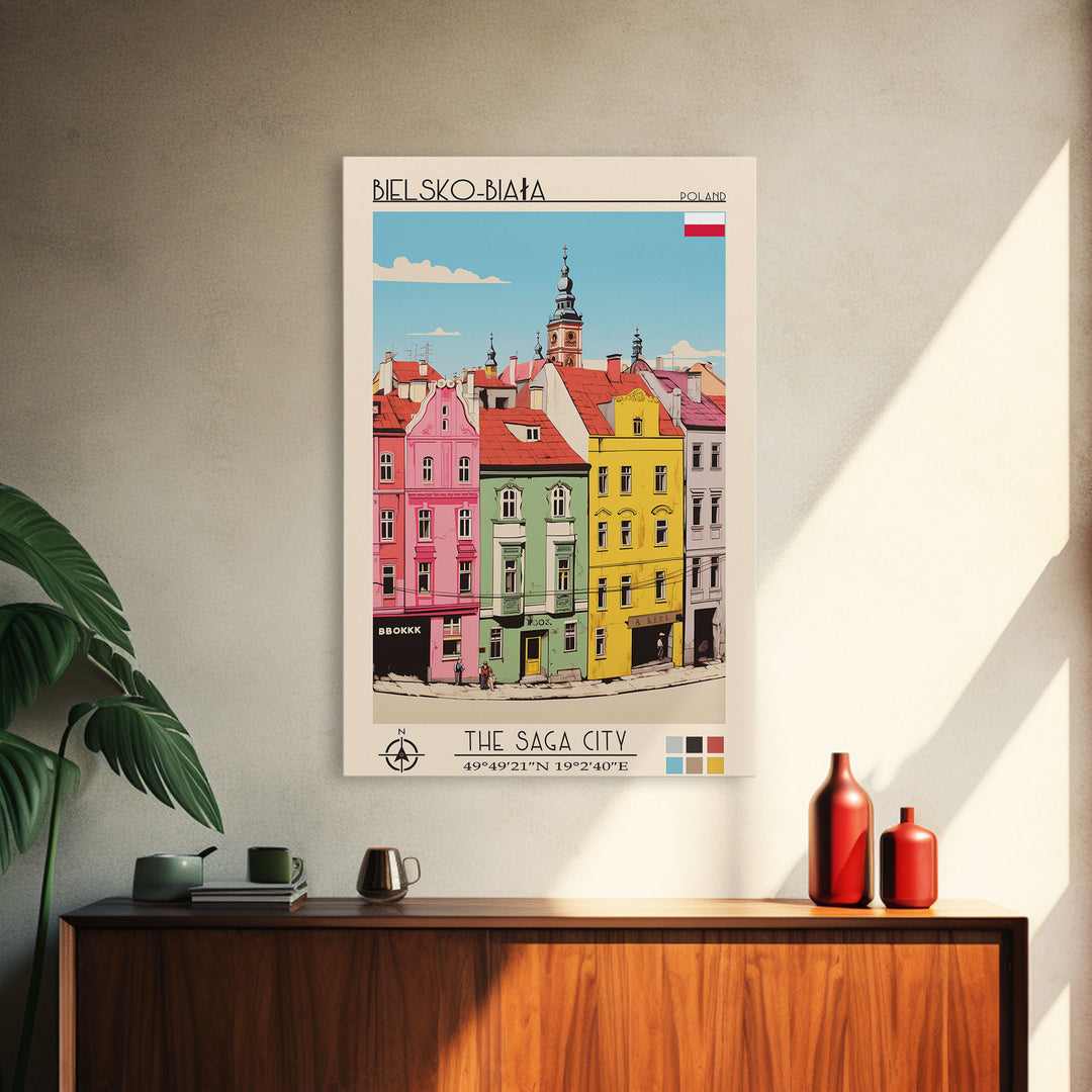 Bielsko-Biała Poland Travel Poster Framed Canvas Print, Vintage Style, Pop Art Home Decor, Scenic Wall Art, Living Room Decoration
