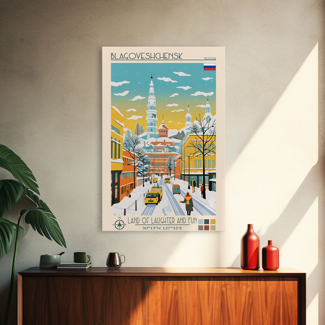 Blagoveshchensk Russia Travel Poster Framed Canvas Print, Midcentury Modern Art, Pop Art Home Decor, Scenic Wall Art, Unique Gift