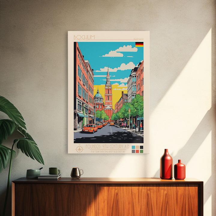 Bochum Germany Travel Poster Framed Canvas Print, Midcentury Modern Art, Pop Art Wall Decor, Home Decor, Living Room Art, Scenic View