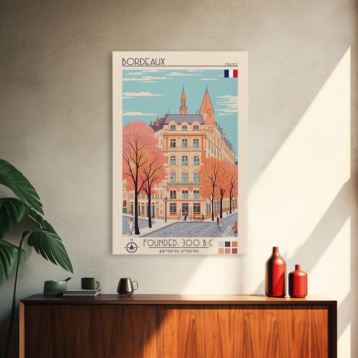 Bordeaux France Travel Poster Framed Canvas Print, Midcentury Modern Art, Pop Art Home Decor, Scenic Wall Art, Living Room Decoration