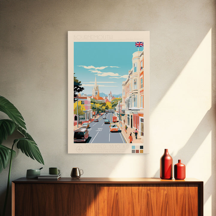 Bournemouth United Kingdom Travel Poster Framed Canvas Print, Midcentury Modern Art, Pop Art Wall Decor, Scenic Wall Art, Living Room Art