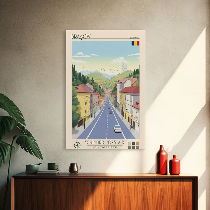 Brașov Romania Travel Poster Framed Canvas Print, Midcentury Modern Art, Pop Art Wall Decor, Home Decor, Vacation Gift, Living Room Art