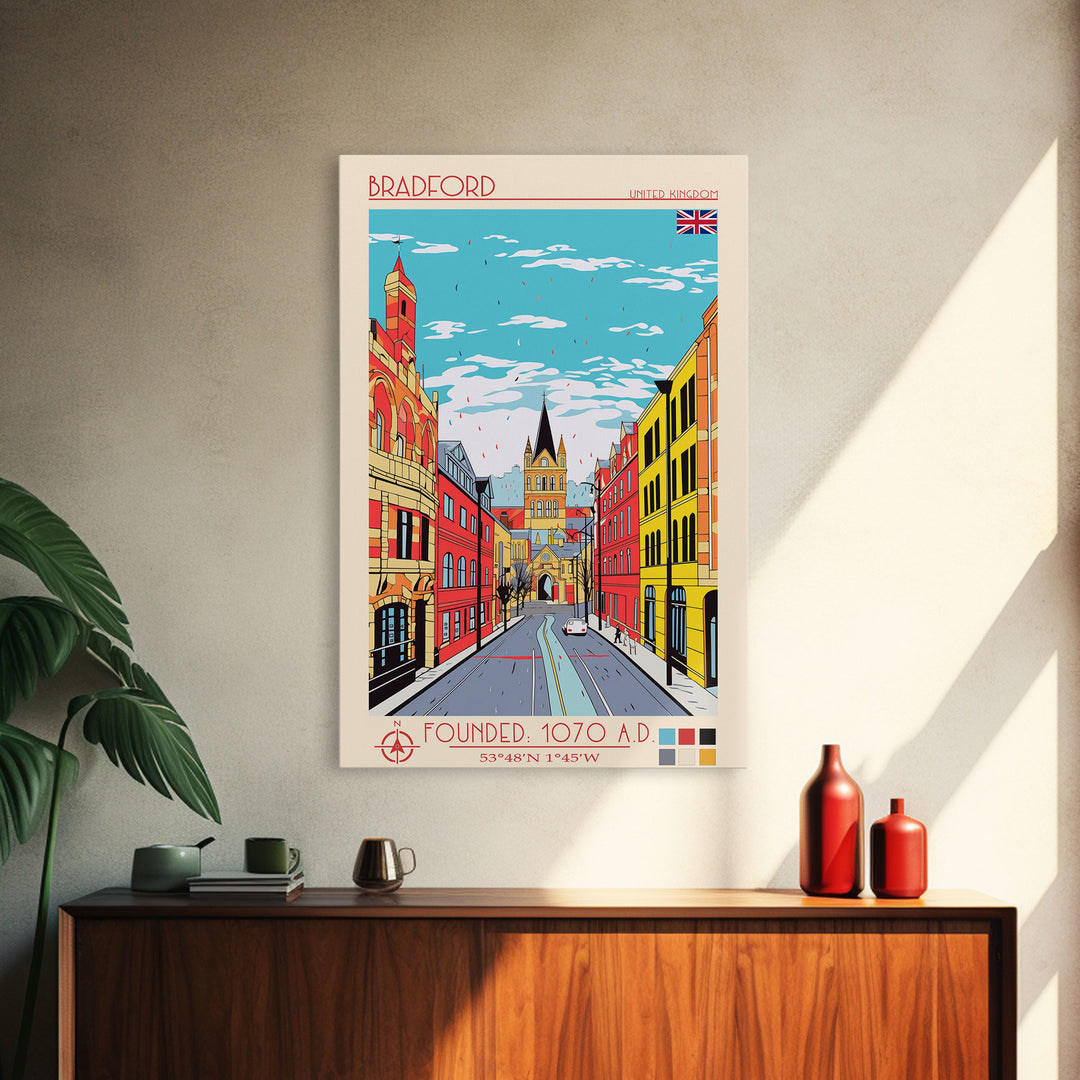 Bradford United Kingdom Travel Poster Framed Canvas Print, Midcentury Modern Art, Pop Art Wall Decor, Home Decor, Vacation Gift, Living Room Art