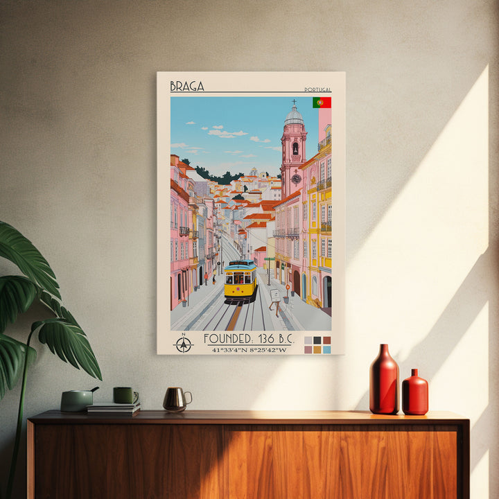 Braga Portugal Travel Poster Framed Canvas Print, Vintage Style, Pop Art Home Decor, Scenic Wall Art, Living Room Decoration, Artistic Gift