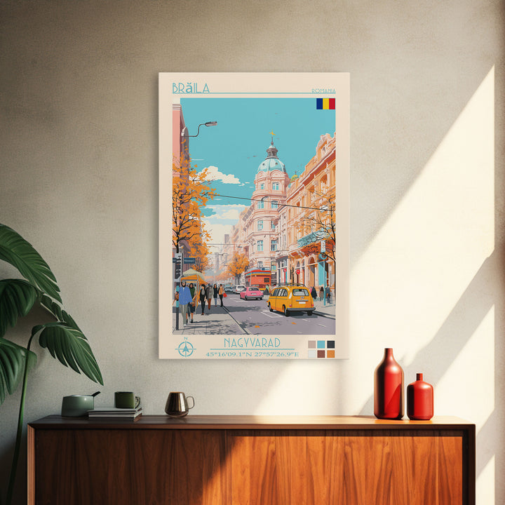 Brăila Romania Travel Poster Framed Canvas Print, Midcentury Modern Art, Pop Art Wall Decor, Home Decor, Vacation Gift, Living Room Art