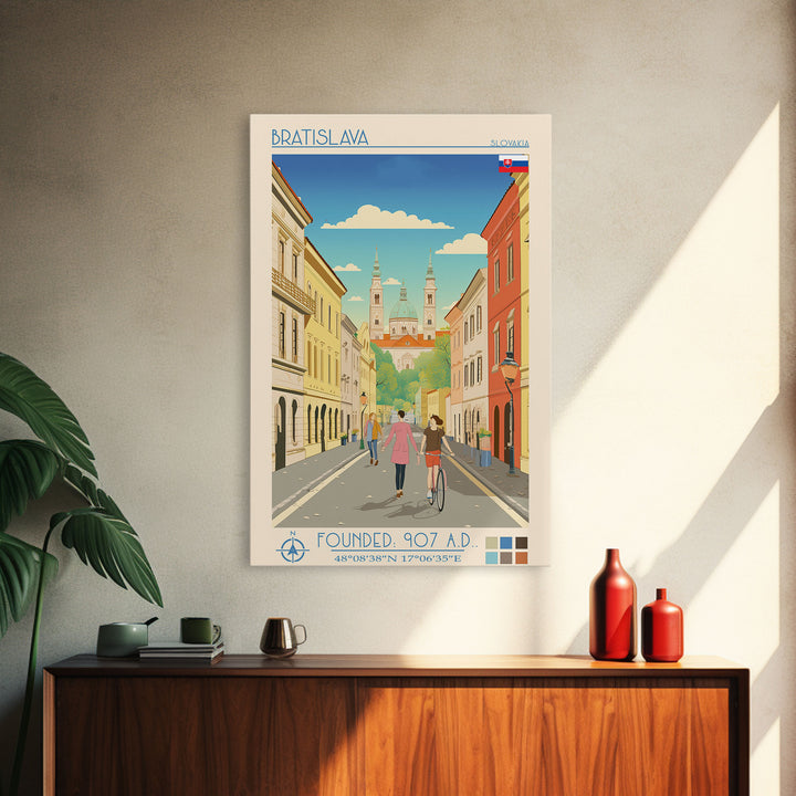Bratislava Slovakia Travel Poster Framed Canvas Print, Midcentury Modern Art, Pop Art Wall Decor, Home Decor, Vacation Gift, Living Room Art