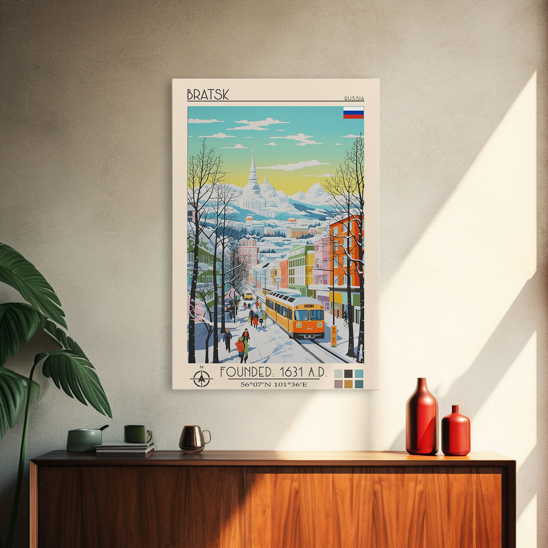 Bratsk Russia Travel Poster Framed Canvas Print, Midcentury Modern Art, Pop Art Wall Decor, Home Decor, Vacation Gift, Living Room Art