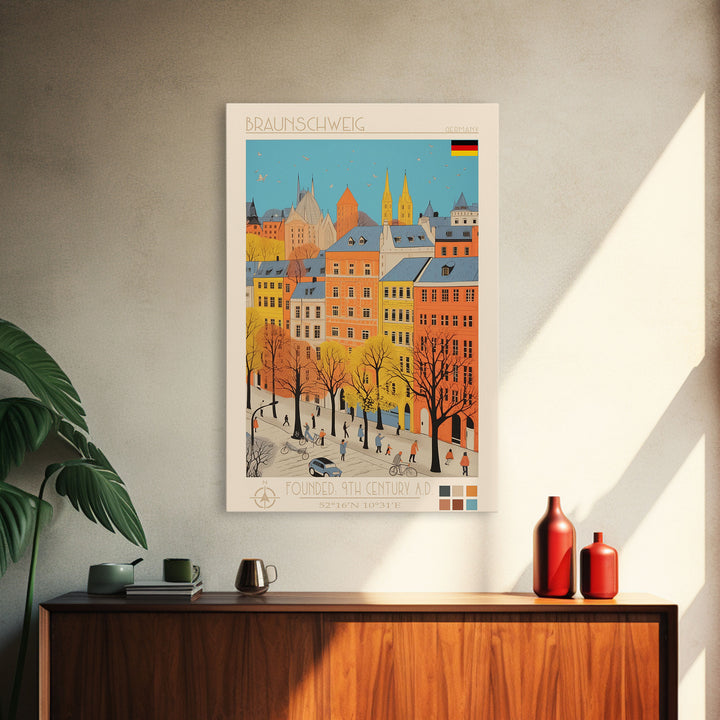 Braunschweig Germany Travel Poster Framed Canvas Print, Midcentury Modern Art, Pop Art Wall Decor, Scenic Wall Art, Home Decor, Living Room Art