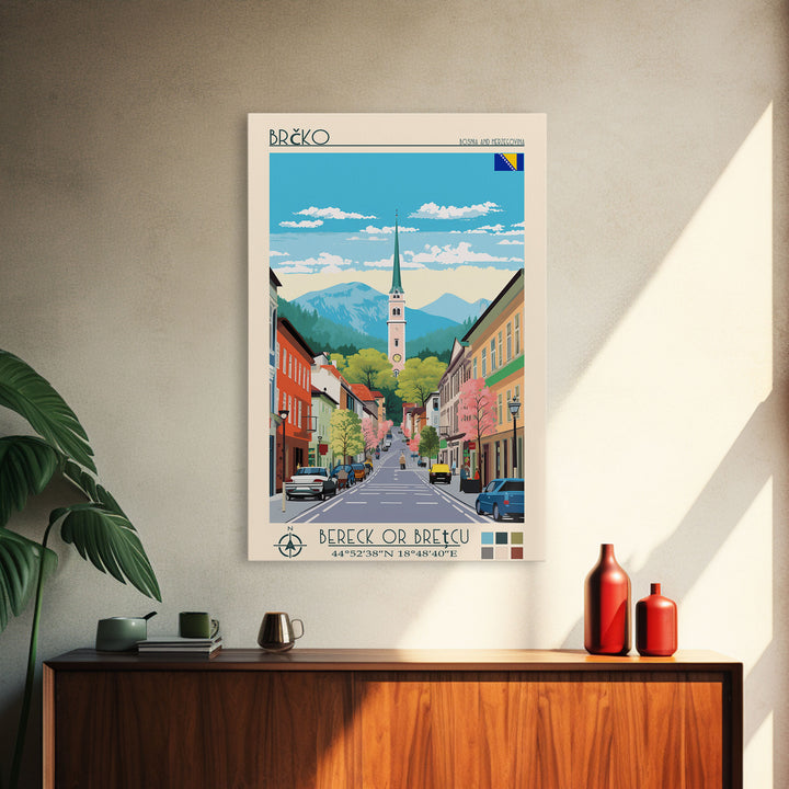 Brčko Bosnia and Herzegovina Travel Poster Framed Canvas Print, Midcentury Modern Art, Pop Art Wall Decor, Home Decor, Living Room Art