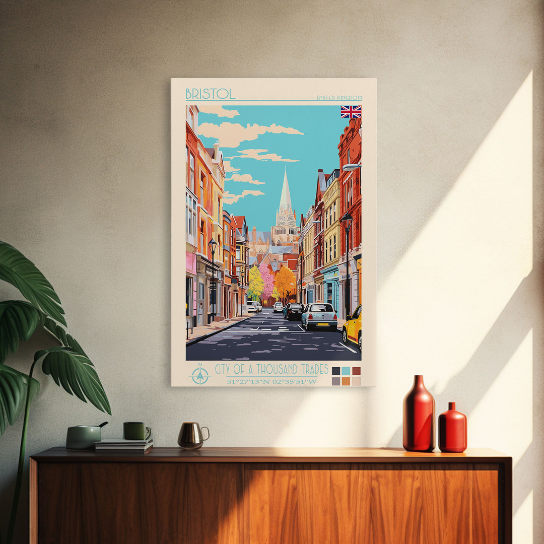 Bristol United Kingdom Travel Poster Framed Canvas Print, Midcentury Modern Art, Pop Art Wall Decor, Scenic Wall Art, Living Room Art