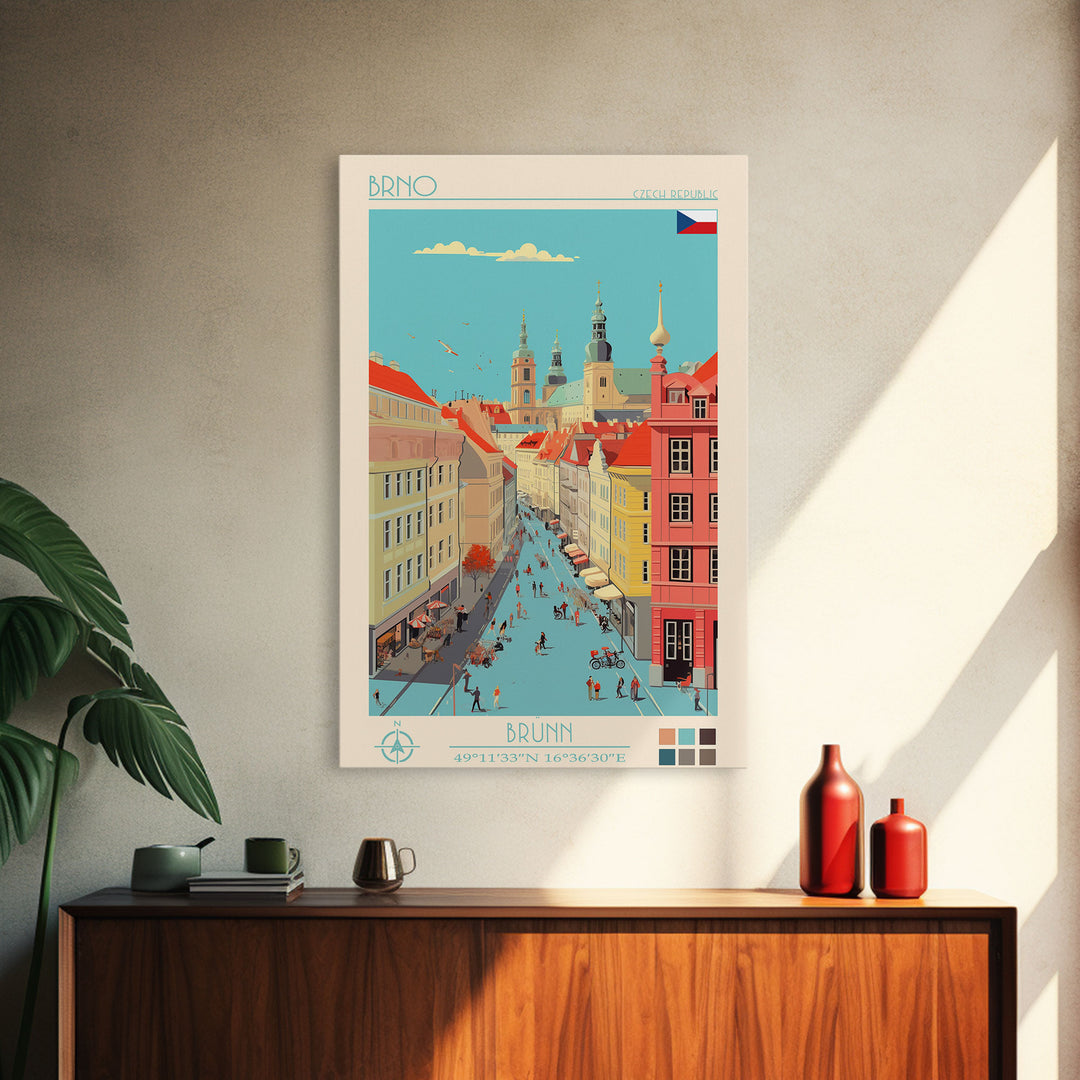 Brno Czech Republic Travel Poster Framed Canvas Print, Midcentury Modern Art, Pop Art Wall Decor, Home Decor, Vacation Gift, Living Room Art