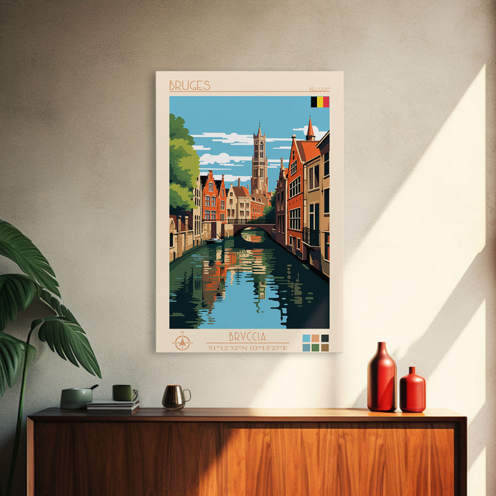 Bruges Belgium Travel Poster Framed Canvas Print, Vintage Style, Pop Art Home Decor, Scenic Wall Art, Living Room Decoration, Artistic Gift