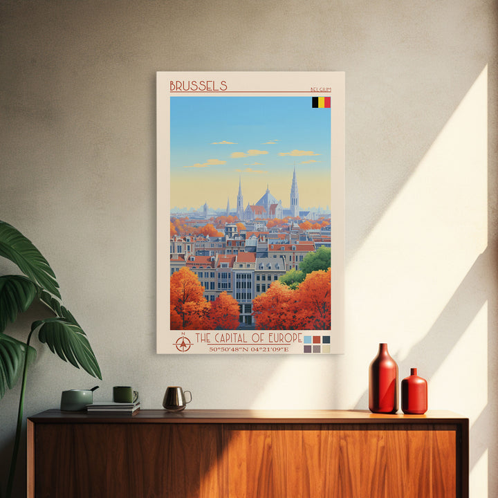 Brussels Belgium Travel Poster Framed Canvas Print, Midcentury Modern Art, Pop Art Wall Decor, Home Decor, Vacation Gift, Living Room Art
