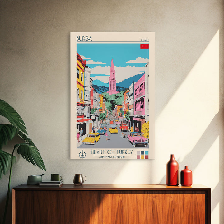 Bursa Turkey Travel Poster Framed Canvas Print, Midcentury Modern Art, Pop Art Wall Decor, Scenic Wall Art, Living Room Art