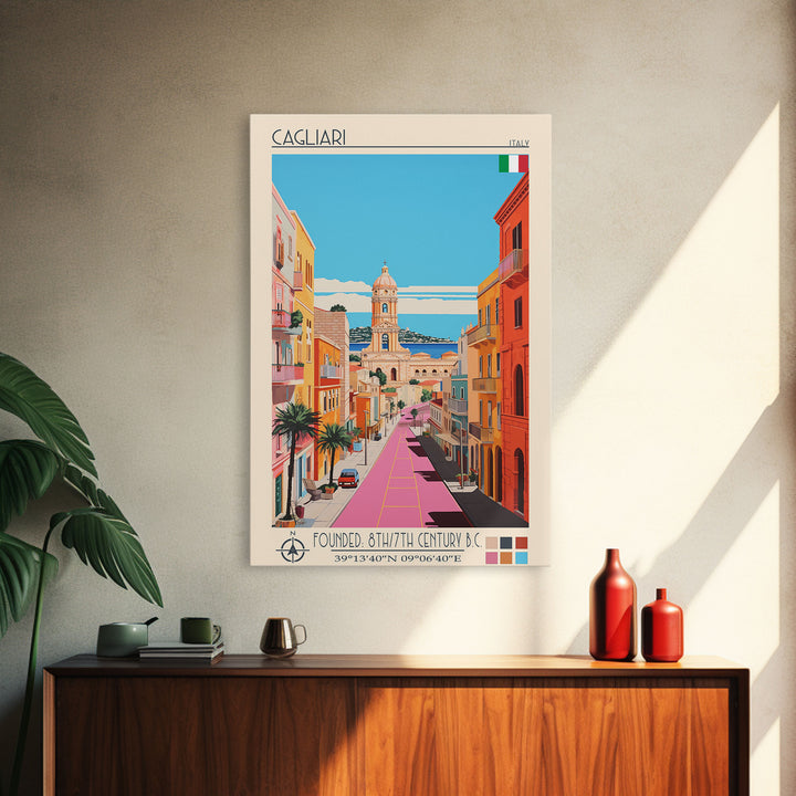 Cagliari Italy Travel Poster Framed Canvas Print, Midcentury Modern Art, Pop Art Wall Decor, Home Decor, Vacation Gift, Living Room Art
