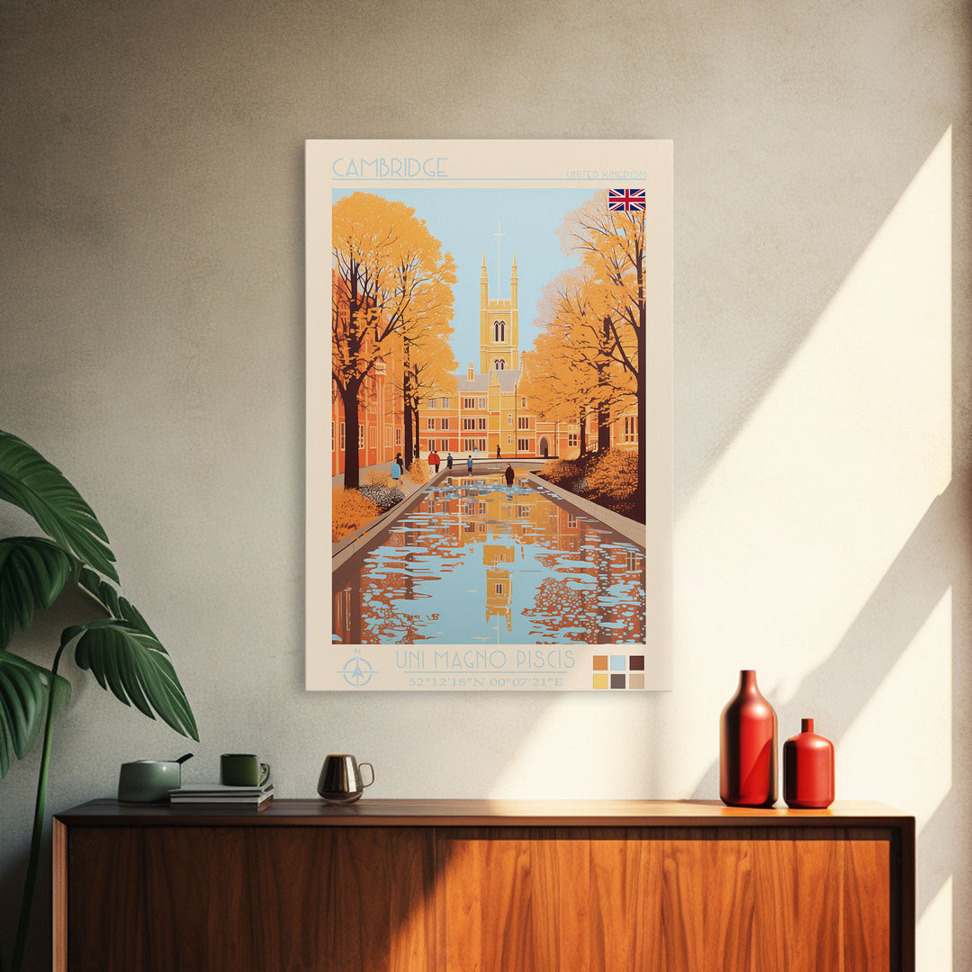 Cambridge United Kingdom Travel Poster Framed Canvas Print, Midcentury Modern Art, Pop Art Wall Decor, Home Decor, Vacation Gift, Living Room Art