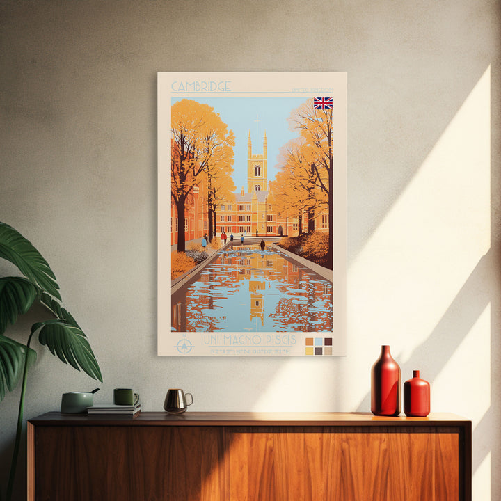 Cambridge United Kingdom Travel Poster Framed Canvas Print, Midcentury Modern Art, Pop Art Wall Decor, Home Decor, Vacation Gift, Living Room Art