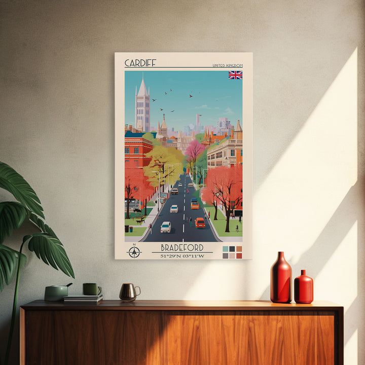 Cardiff United Kingdom Travel Poster Framed Canvas Print, Midcentury Modern Art, Pop Art Wall Decor, Home Decor, Vacation Gift, Living Room Art