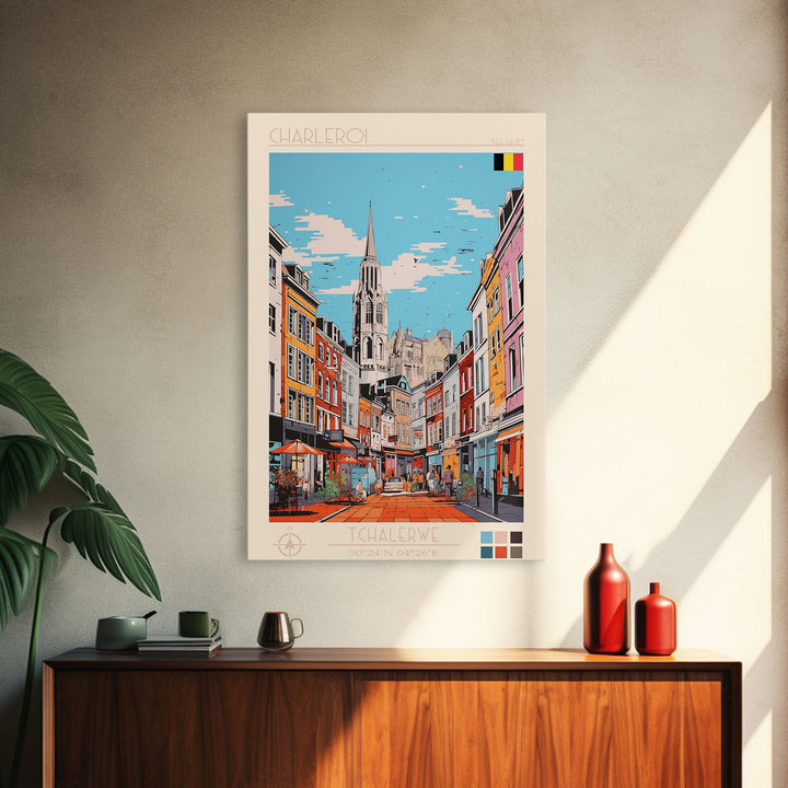 Charleroi Belgium Travel Poster Framed Canvas Print, Midcentury Modern Art, Pop Art Wall Decor, Home Decor, Vacation Gift, Living Room Art