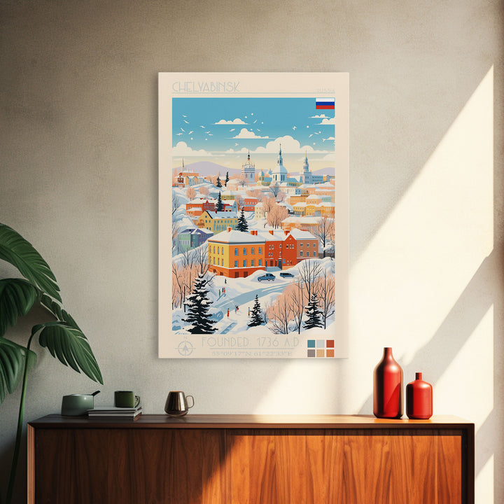 Chelyabinsk Russia Travel Poster Framed Canvas Print, Midcentury Modern Art, Pop Art Wall Decor, Home Decor, Vacation Gift, Living Room Art