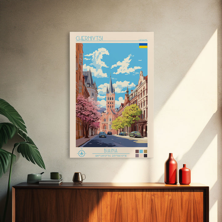 Chernivtsi Ukraine Travel Poster Framed Canvas Print, Midcentury Modern Art, Pop Art Wall Decor, Home Decor, Vacation Gift, Living Room Art