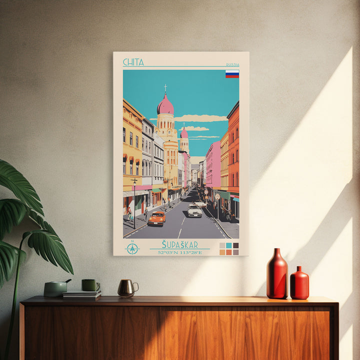 Chita Russia Travel Poster Framed Canvas Print, Midcentury Modern Art, Pop Art Wall Decor, Home Decor, Vacation Gift, Living Room Art
