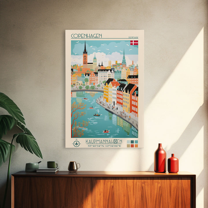 Copenhagen Denmark Travel Poster Framed Canvas Print, Vintage Style, Pop Art Home Decor, Scenic Wall Art, Living Room Decoration, Artistic Gift