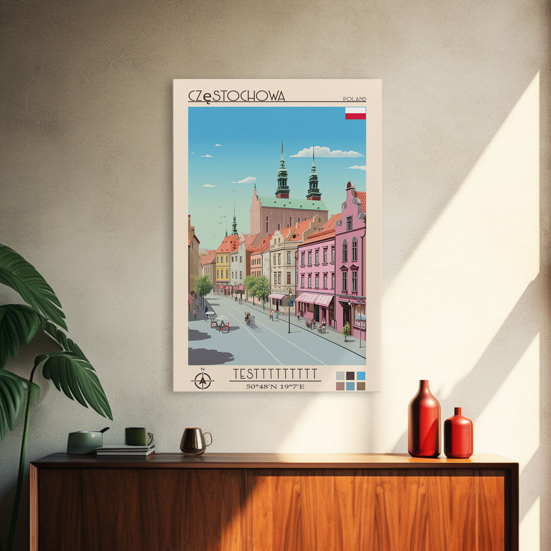 Częstochowa Poland Travel Poster Framed Canvas Print, Midcentury Modern Art, Pop Art Wall Decor, Home Decor, Vacation Gift, Living Room Art