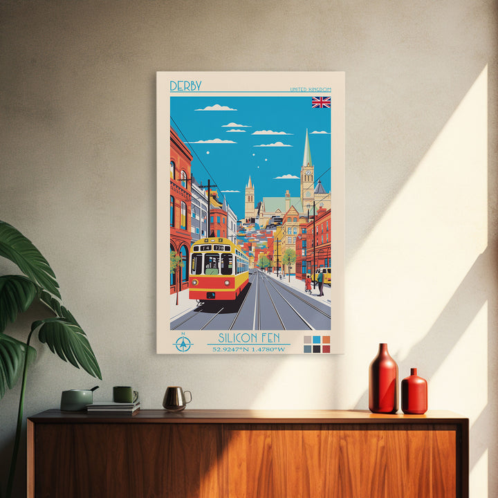 Derby United Kingdom Travel Poster Framed Canvas Print, Midcentury Modern Art, Pop Art Wall Decor, Scenic Wall Art, Living Room Art