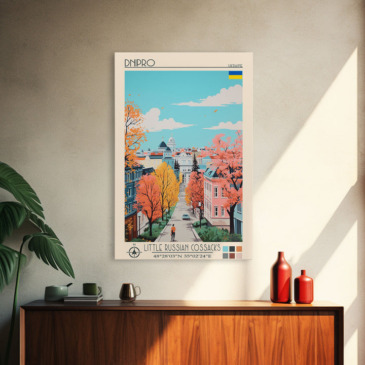 Dnipro Ukraine Travel Poster Framed Canvas Print, Midcentury Modern Art, Pop Art Wall Decor, Home Decor, Vacation Gift, Living Room Art