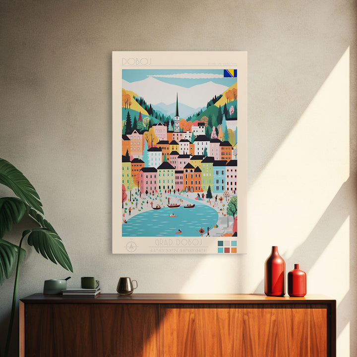Doboj Bosnia and Herzegovina Travel Poster Framed Canvas Print, Midcentury Modern Art, Pop Art Wall Decor, Home Decor, Vacation Gift, Living Room Art