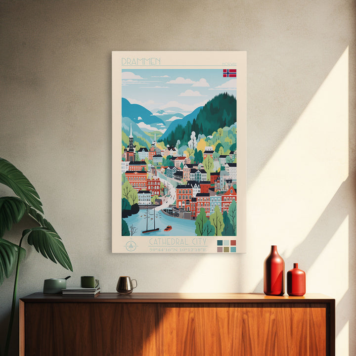 Drammen Norway Travel Poster Framed Canvas Print, Midcentury Modern Art, Pop Art Wall Decor, Home Decor, Vacation Gift, Living Room Art