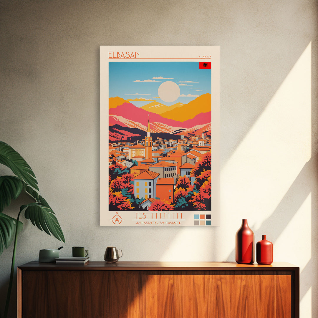 Elbasan Albania Travel Poster Framed Canvas Print, Midcentury Modern Art, Pop Art Wall Decor, Home Decor, Vacation Gift, Bedroom Art