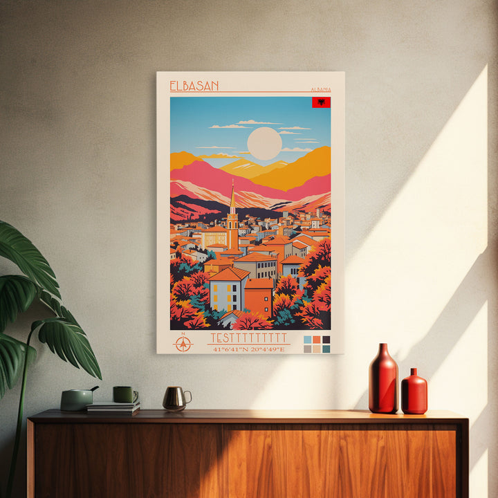 Elbasan Albania Travel Poster Framed Canvas Print, Midcentury Modern Art, Pop Art Wall Decor, Home Decor, Vacation Gift, Bedroom Art